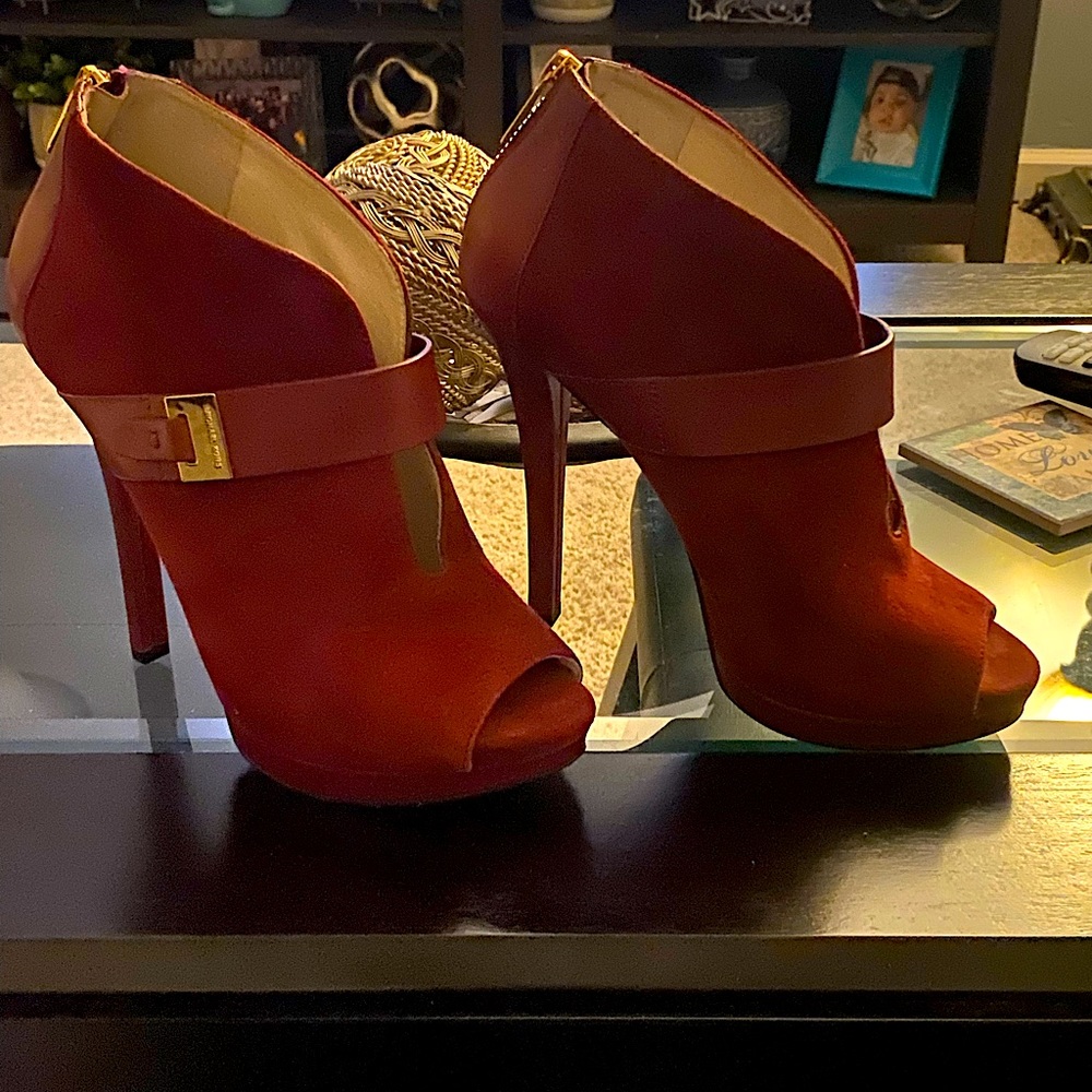 Michael Kors red suede peep toe booties